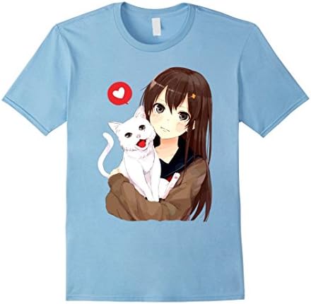 Men's Anime Cat Girl T Shirt, Manga Cute, Large Baby Blue