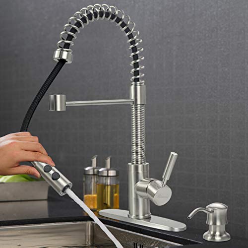 PHASAT Commercial Kitchen Faucet Brass High Arc Tall Modern Single Handle Spring Pull-Down Pre-Rinse Kitchen Sink Faucet with Soap Dispenser and Deck Plate Escutcheon,Brushed Nickel, PTKN01U