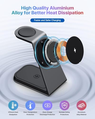 3 in 1 Wireless Charging Station for MagSafe,Aluminum Alloy Magnetic Wireless Charger,15W Fast for MagSafe Charger Stand Compatible with iPhone 17/16/15/14/13,for Apple Watch,for AirPods