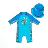 BONVERANO Kids UPF 50+ Sun Protection 3/4 Sleeves One Piece Zip Sunsuit with Sun Cap (18-24 Months, Cartoon Lobster)