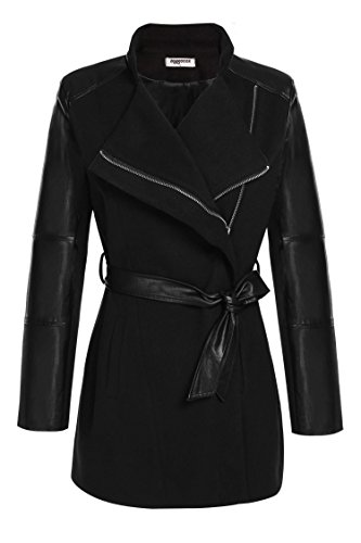 Zeagoo Women's Faux Leather Patchwork Long Sleeve Pea Wool Coat black medium