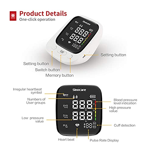 Sinocare Tensiomètre Bras Electronique, Tensiomètre au Bras Automatic Brassard Intelligent, Grand Écran LED, 2×90 Mémoire, Brassard Adjustable 22-42cm
