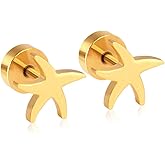 18G Starfish Flat Screw Back Small Stud Earrings for Women Men Minimalist Gold Plated Star Surgical Steel Cartilage Tragus Piercing Sleeper Tiny Studs Hypoallergenic for Sensitive Ears Summer Holiday Beach Gift Her Daughter