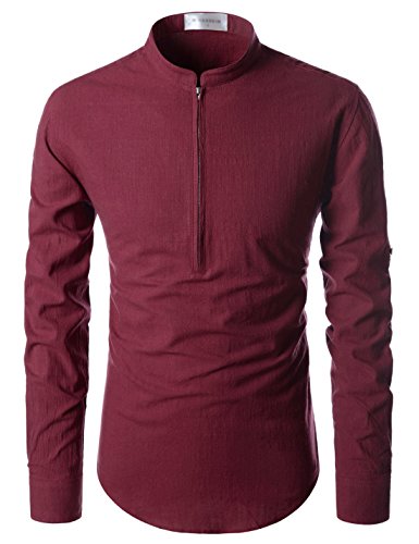 NEARKIN (NKNKN352 Beloved Mens Chinese Zipup Collar Linen Roll Up Shirts Wine US XXL(Tag Size 2XL)