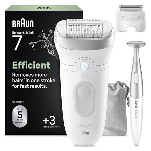 Epilateur Electrique Femme Silk Epil 7 7-241, Argent – Etanche, sans Fil, Embout Rouleau de Massage, Coffret Epilation avec Tondeuse Intime, Tête de Rasage