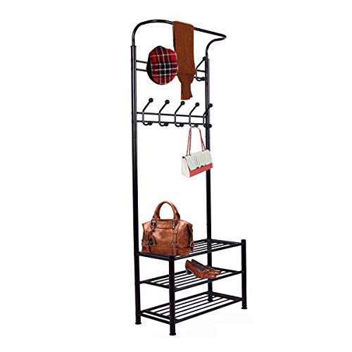 DRM Hall Tree Coat Rack with Metal Entryway 18 Hooks Clothes Rack with 3 Tier Shoe Rack Bench Hat Hanger Umbrella Stand, Black