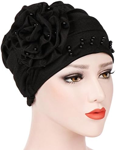 Quistal New Classic Women Slouchy Flower Muslim Ruffle Cancer Hat Baggy Beanie Scarf Turban Head Wrap Cap For Chemo (Black)