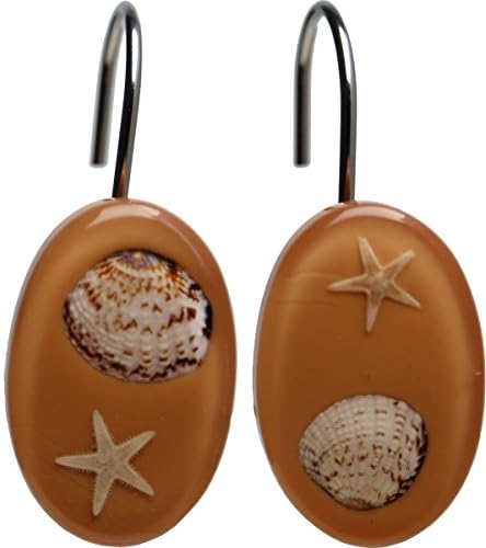 ChabaLine 12 Piece Brown Fashion Decorative Shower Curtain Hook Ring for Bathroom Shower Rod - Beach Seashells Starfish Shells