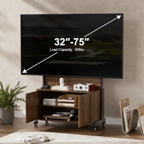 Planimetry Rolling TV Stand with Mount for 32-75 Inch TVs, Height Adjustable Mobile TV Stand with Lockable Wheels, Fluted Cabinet Entertainment Center with Power Outlet & Storage, Walnut