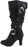 Top Moda Women's Strong-4 Suede Mid Heel Boots with Crossed Buckle Straps