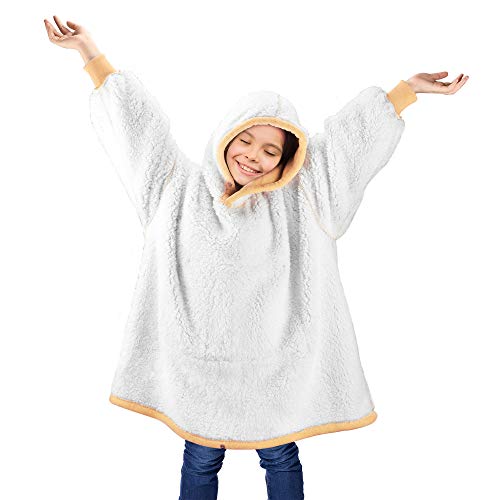 Blanket Sweatshirt, Super Soft Warm Cozy Wearable Sherpa Hoodie for Teens, Boys, Girls, Youth, Kids (7-15yr), Oversize, Reversible, Hood & Large Pocket, One Size, Camel - Thumbnail 4