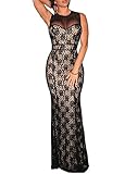 NuoReel Women's Lace Nude Illusion Mesh Accent Maxi Long Dress Gown