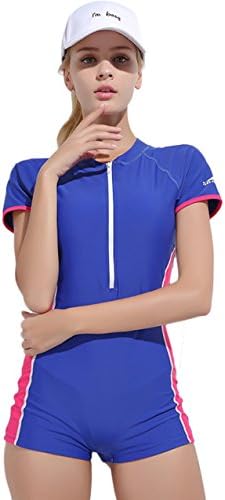 Labelar Rash Guard Women Zip Front Short Sleeve One Piece Surfing Swim Suit Boyleg Swimwear Sun Protection