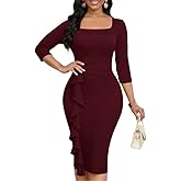 MarryUP Womens Work Dresses Elegant Square Neck 3/4 Sleeve High Waist Bodycon Ruffle Vintage Church Pencil Midi Dress
