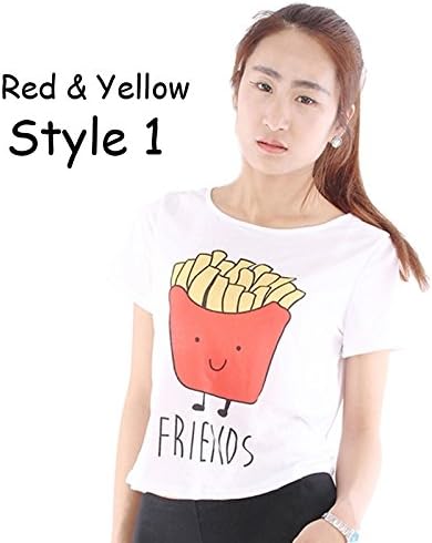 Ladybro Cartoon Hamburg or Frech Fries Printing T-shirt Women Girl Best Friend Casual Blouse Tops