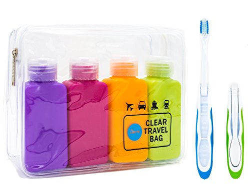 Clear TSA Approved Carry-On Toiletry Bag Set + 4 leak proof refillable Travel Bottles + 2 Travel Folding Toothbrush