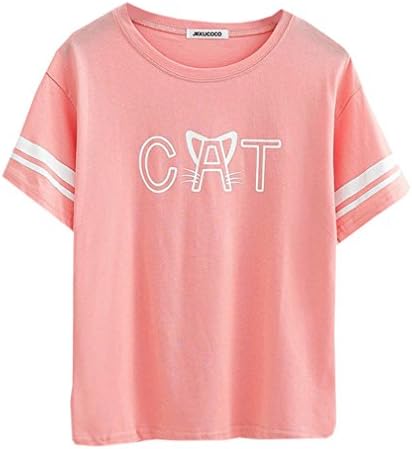 Women's Summer Cute Cat Letters Print Cotton Strip Sleeve T Shirt Tees,Pink