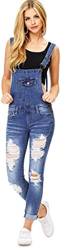 Machine Women's Juniors Stretchy Denim Skinny Leg Overalls (L, Med. Denim)