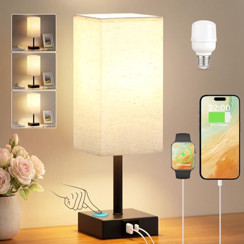 PreeOtti Touch Bedside Lamps, Bedside Table Lamp with USB A+C Charging Ports, Touch Lamps Bedside for Bedroom/Living Room/Study Room/Office, 3-Way Dimmable Reading Light (LED Bulb Included)