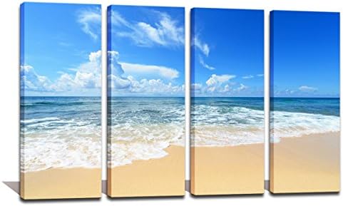 Noah Art-Modern Beach Art Prints, Blue Sky over the Ocean Beach Seascape Paintings Landscapes Posters on Canvas Print, 4 Piece Wall Art Framed Beach Artwork for Living Room Wall Decor