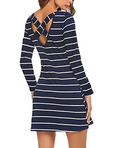 Womens Long Sleeve Scoop Neck Criss Cross Back Tunic Mini Dress with Pockets L, Dark Blue