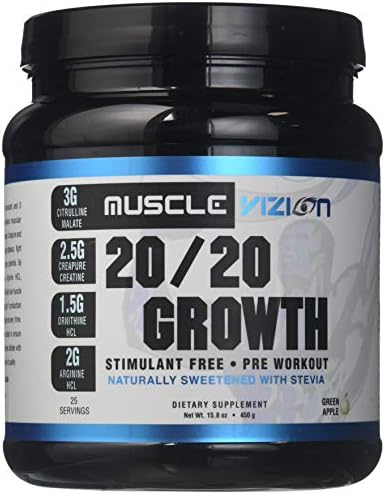 Muscle Vizion 20/20 Growth Caffeine Free Pre Workout Stimulant Free Extreme Nitric Oxide for Pump Boost Strength & Endurance Focus No Crash Natural Flavors and Sweetners (Zero Cal)