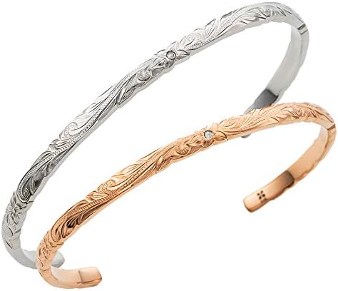 White Clover 4SBG033GO&4SBG033SV Pair Bangle Couples, Popular, Surgical Stainless Steel, Brand, Hawaiian Jewelry, Diamond, Scroll, Plumeria, Gold, Silver