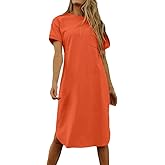 Dyexces Summer Dress for Women Crew Neck Short Sleeve Solid Basic T-Shirts Casual Midi Dresses with Pocket