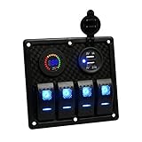 TEQStone Marine Boat Rocker Switch Panel 4 Gang With Double USB Slot LED Light for Car Rv Vehicles Truck(Voltmeter)