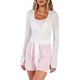 Meihuida Women Wrap Top Long Sleeve Deep V Neck Tie Workout Ballet Pilates Yoga Shirt with Thumb Holes