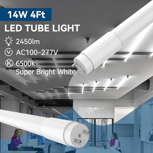 JESLED T8 LED Tube Lights 4FT, 14W 2450LM 6500K, Single or Double End Powered, Plug and Play or Ballast Bypass, Type A+B 4 Foot T10 T12 Fluorescent Bulbs Replacement, Frosted, 10-Pack