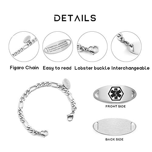 BBX JEWELRY Medical Alert ID Bracelets Stainless Steel Waterproof Figaro Chain with Black Medical ID tag for Women