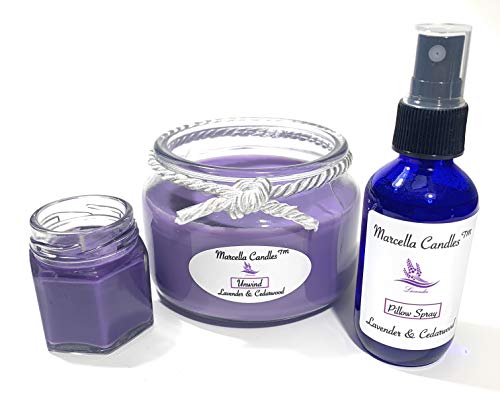 Marcella Candles – Aromatherapy Candles Set 8oz Lavender & Cedarwood Scented Candle, Candle Set Includes Lavender Pillow Spray & Mini Lavender Candle (Fragranced With Essential Oils)