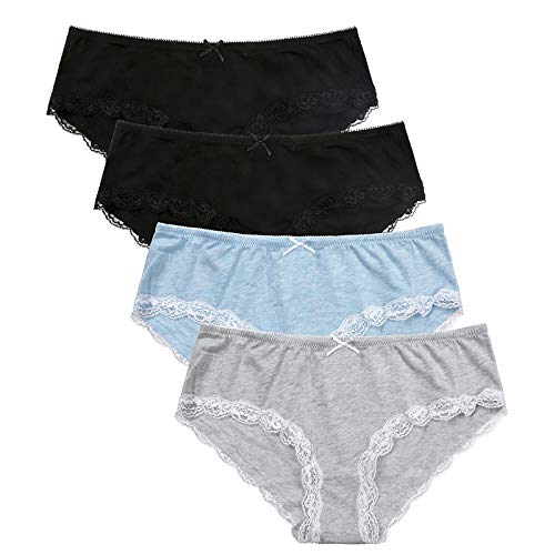 MS.ING 4Pcs Womens Underwear Hipster Panties Soft Cotton Lace Trim Briefs Bikinis (Black Blue Grey, Small)