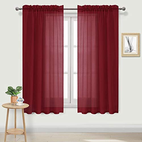 DWCN Christmas Burgundy Sheer Curtains Semi Transparent Voile Rod Pocket Curtains for Bedroom and Living Room, 52 x 63 inches Long, Set of 2 Panels