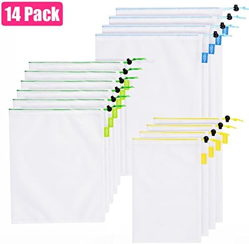 PlusMart Premium Lightweight Reusable Mesh Produce Bags, Double Stitched Strength Reusable Produce bags with Tare Weight on Tags, See Through, 3 Sizes, 14 Pack