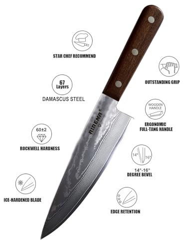 Damascus Chef Knife, Professional Kitchen Knife 20CM - Sharp Damascus Steel Blade 67 Layers - Excellent Edge Retention and Resistant Corrosion, Japanese Knives with Sheath and Gift Box