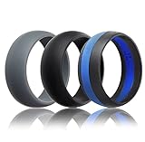 Mens Silicone Wedding Ring Wedding Band - 3 Rings Pack - 8.7mm Wide (2mm Thick) - Black, Grey, Black & Blue