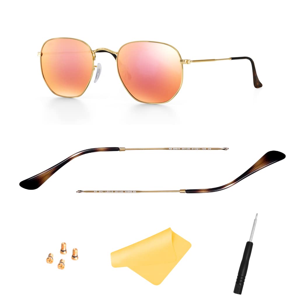 HiCycle2 Sunglasses Arms Temples Replacement for Ray-Ban RB3447 Round RB3548 3548N Hexagonal Sungalsses ScrewDriver 4pcs Screws Cloth(GOLD&BROWN)