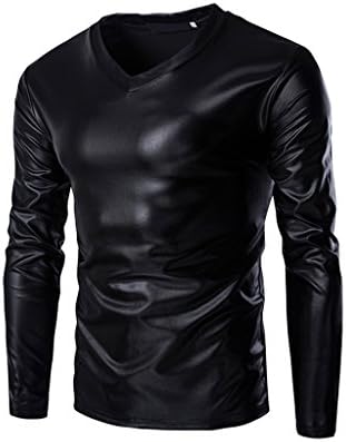 Porlox Mens Bronzing Shiny Costumes Cultivating Long Sleeve T Shirt Black