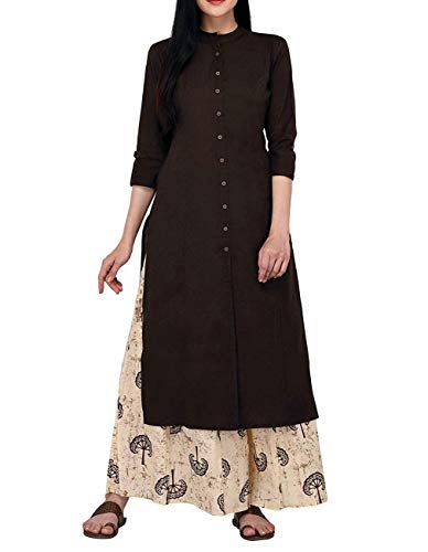 Women's Pure Cotton Plain Tunic Top Front Slit 3/4 Sleeves Roll-UP Chinese Neck Buttons Down Pocket Long Kurti Kurta