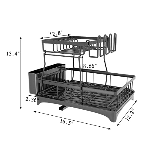 GILLAS Dish Drying Rack, 2 Tier Dish Racks for Kitchen Counter, Large Capacity Dish Drainers with drainboard Set, Utensils Holder, Glass Holder, Rustproof, Black