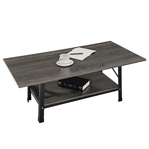 Coffee Table - CrazyLynX 46" Industrial Cocktail End Table with Storage Shelf, Solid Side Sofa Table, Wood Desktop and Metal Frame for Living Room (Retro Color) (A)