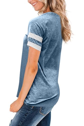 WOMENS T SHIRTS SHORT SLEEVE TUNIC TOPS LOOSE CREWNECK COLOR BLOCK CASUAL TEE SHIRTS BLOUSES BLUE