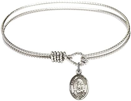 Rhodium Plate Oval Eye Hook Textured Bangle Bracelet with Saint Germaine Cousin Petite Charm, 7 1/4 Inch