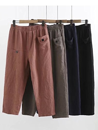Minibee Women's Elastic Waist Casual Crop Linen Pull On Pants Wine 2XL - Thumbnail 7