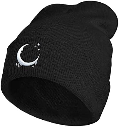 Goth Crescent Moon Embroidery Beanie Hat for Men Women Winter Warm