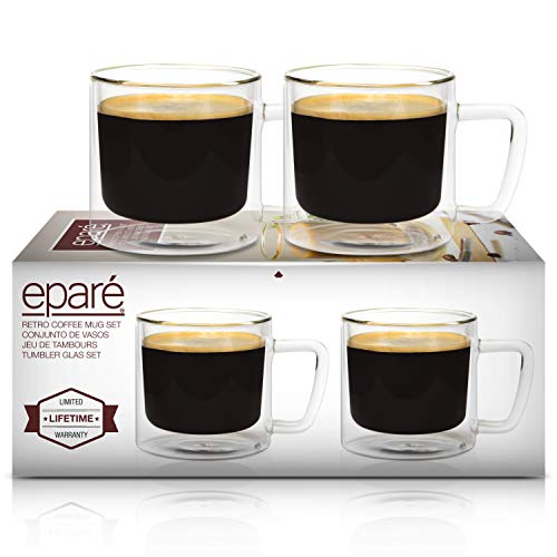 Eparé Retro Coffee Mugs - Clear Glass Double Wall Cup Set - Insulated Glassware - Large Coffee Espresso Latte Glasses - Thumbnail 7