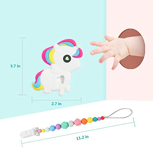 FANSIDI Baby Teething Toys Colorful Unicorn Theme Teethers& Gums Massagers with a Rainbow Pacifier Clip Holder Set - Easy to Hold, Soft, Bendable and Freezer Safe, Gift idea for Baby Boys or Girls - Thumbnail 3