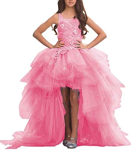 Adela Lace High Neck Pageant Dresses Ball Gown Hi-Low Appliques Kids Wedding First Communion Dress with Train AR028